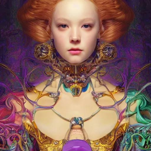 Prompt: a masterpiece hyper detailed portrait of a beautiful evil girl - cyborg baroque renaissance. rainbow color scheme. medium shot, intricate, elegant, highly detailed, by stanley artgerm lau, wlop, rossdraws, james jean, andrei riabovitchev, marc simonetti, background by james jean and gustav klimt, light by julie bell, porcelain skin.