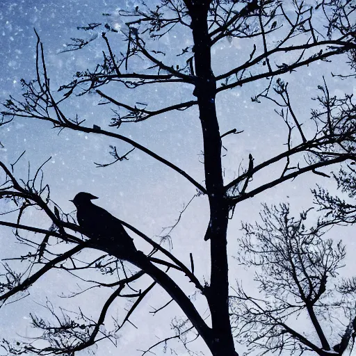 Image similar to Two birds on a withered treetop, covered with snow, warm sunlight in winter