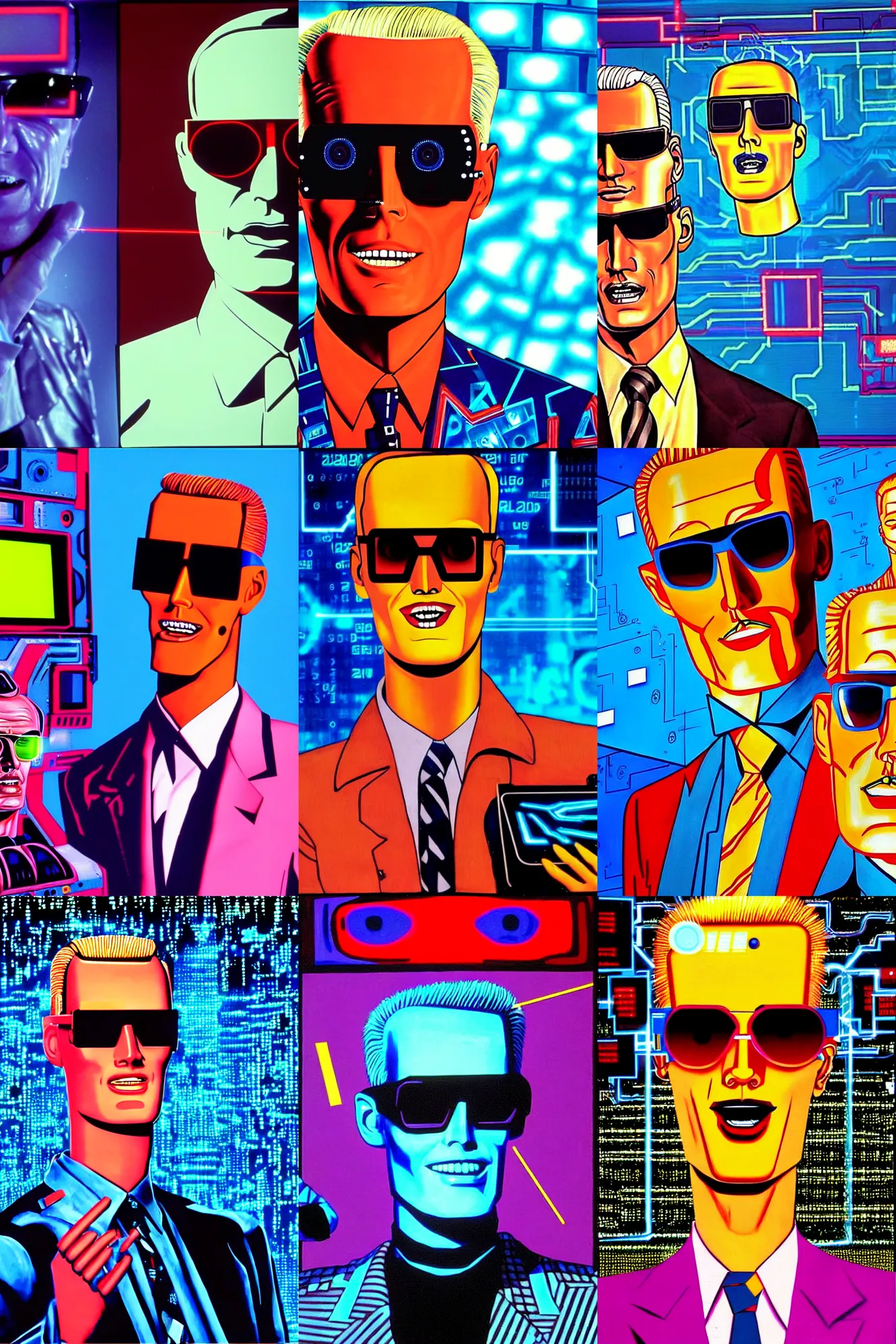 Prompt: max headroom talking to an artificial intelligence in cyberspace in the year 2 0 2 2, looking very delighted, painting by james jean featuring max headroom wearing his sunglasses on tv and lasers in the background