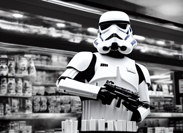 Prompt: film still of a storm trooper holding a cup of coffee in a convenience store in the new Star Wars movie, 4k, black and white