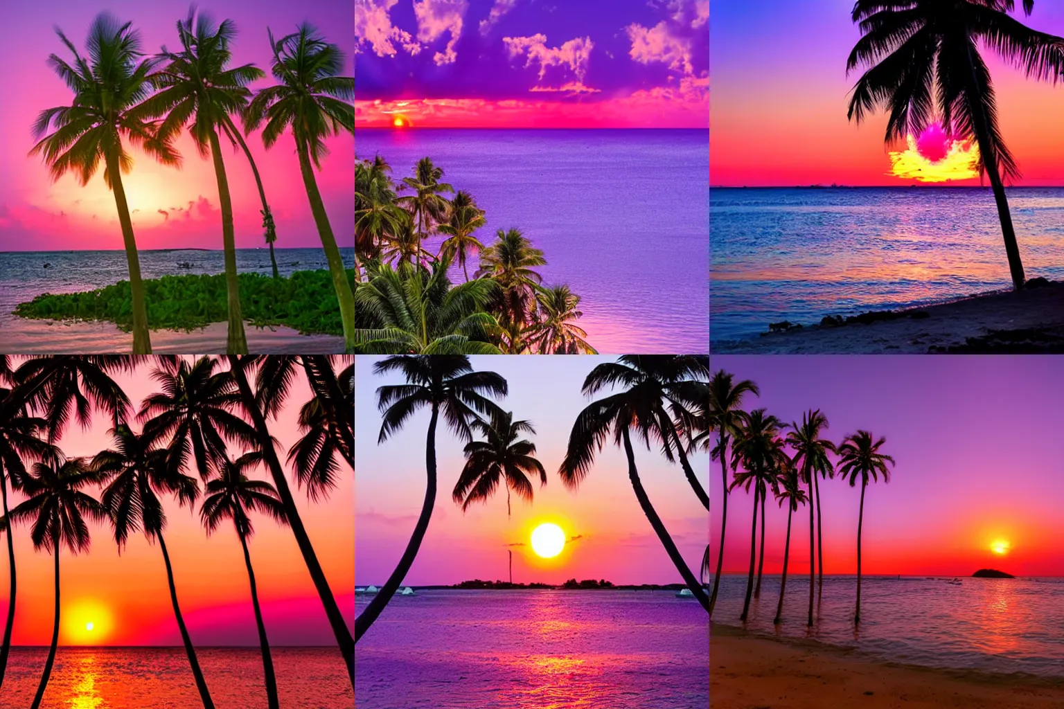 Prompt: The sun setting over an island with palm trees and a purple orange pink glow, tropical, award winning photo