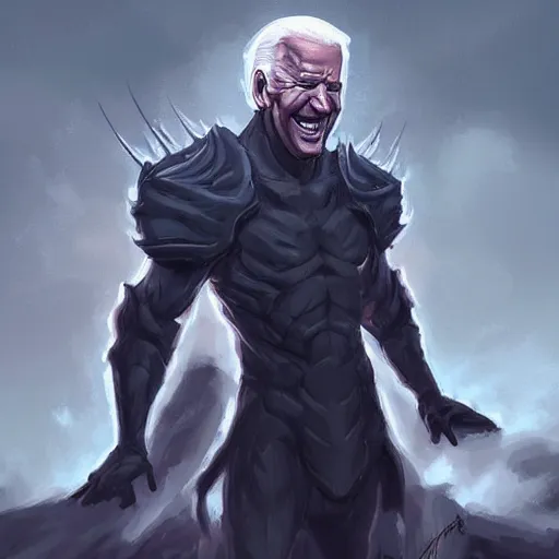 Image similar to Huge, Laughing Joe Biden. Glowing eyes, thunderstorm. Final form. Fantasy concept art, best of ArtStation