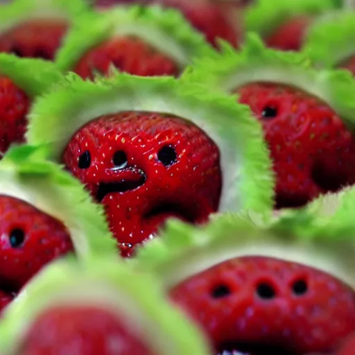 Image similar to strawberry creature with multiple eyes