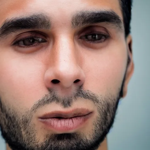 Image similar to close up of face of good looking 3 0 year old peruvian man with clean shaven face, no beard, thin face, skinny, very short straight black hair in a quiff style, color portrait, 4 k