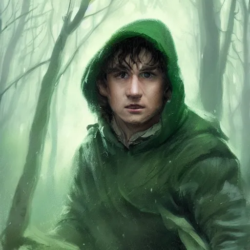 Image similar to a portrait of a handsome hobbit rogue wearing a dark green hood and a cloak in the forest, wearing adventure gear, ultra realistic, detailed, masterpiece, short hair cut, buzz cut hair, clean shaven, by Greg Rutkowski, trending on ArtStation