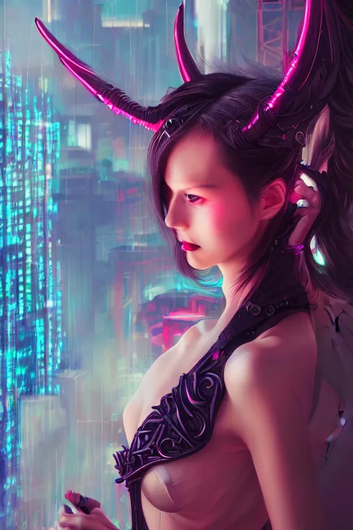 Image similar to portrait futuristic Devil Girl with horns and wings, in future cyberpunk tokyo rooftop , ssci-fi, fantasy, intricate, very very beautiful, elegant, human anatomy, neon light, highly detailed, digital painting, artstation, concept art, smooth, sharp focus, illustration, art by tian zi and WLOP and alphonse mucha