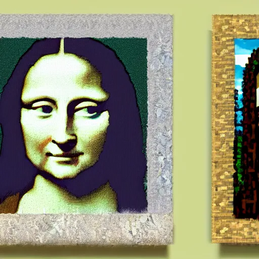 Prompt: painting of minecraft dirt block, high definition picture of a painting of a person with a minecraft dirt block as a head on a wall, with only the body of the mona lisa