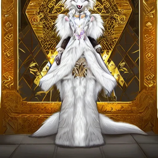 Image similar to commissioned full body portrait of a female anthro furry wolf-headed princess fursona with white hair wearing a white and gold chinese armored dress in a white and gold palace, by Wlop and jerry park, artstation, extremely detailed