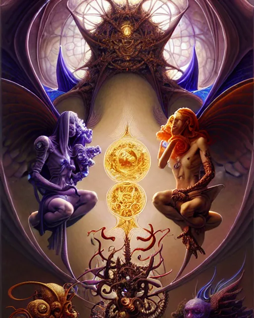 Prompt: a portrait of the council of angels and devils, fantasy character portrait made of fractals facing each other, ultra realistic, wide angle, intricate details, the fifth element artifacts, highly detailed by peter mohrbacher, hajime sorayama, wayne barlowe, boris vallejo, aaron horkey, gaston bussiere, craig mullins