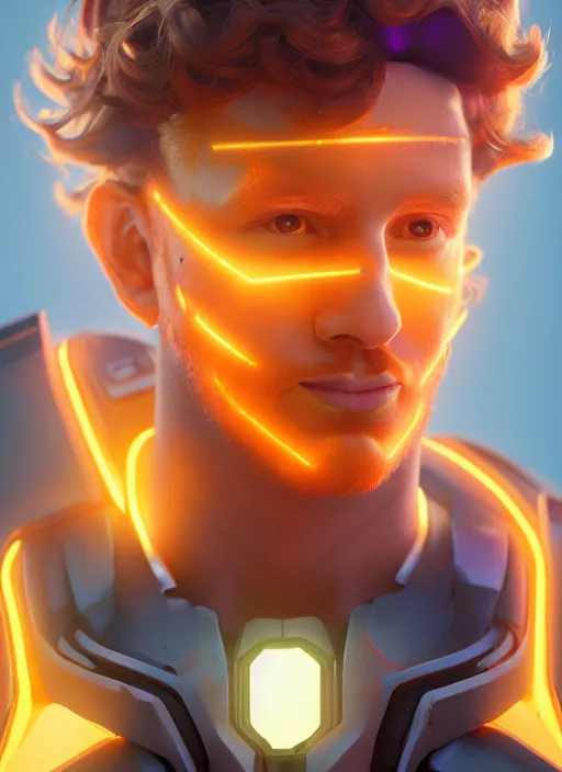 Prompt: glowwave portrait of curly orange hair man from overwatch, au naturel, hyper detailed, digital art, trending in artstation, cinematic lighting, studio quality, smooth render, unreal engine 5 rendered, octane rendered, art style by klimt and nixeu and ian sprigger and wlop and krenz cushart.