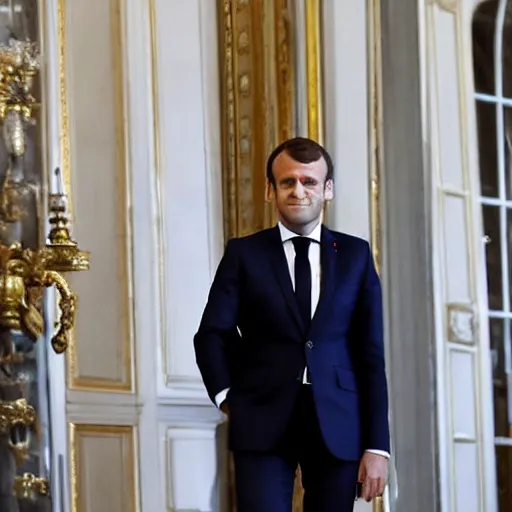 Prompt: emmanuel macron getting kicked out of the elysee palace, full body shot, highly - detailed, sharp focus, award - winning