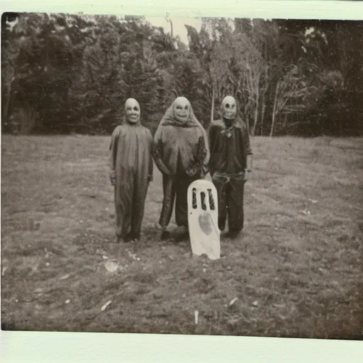 Image similar to really old polaroid photograph of horrorific extraterrestrial beings visiting earth,