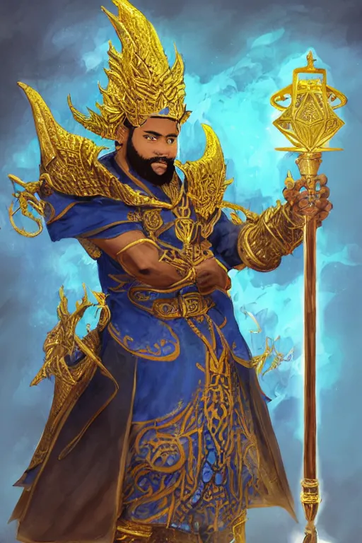 Prompt: Picture of a male Cleric, black skin, blue short hair, short beard, dragon-inspired cloth robes, gold and blue, ornamental, hammer, wings, background depicting a temple, fantasy, dnd, d&d, illustration, digital painting, by akihiko yoshida, james jean andrei riabovitchev marc _ simonetti, yoshitaka amano, artstation