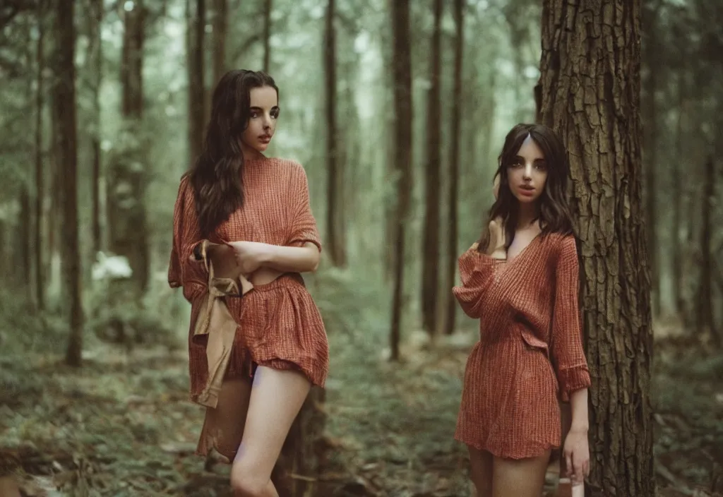 Image similar to lomo photo of adelaide kane standing i front of a modern forest cabin, cinestill, bokeh, out of focus