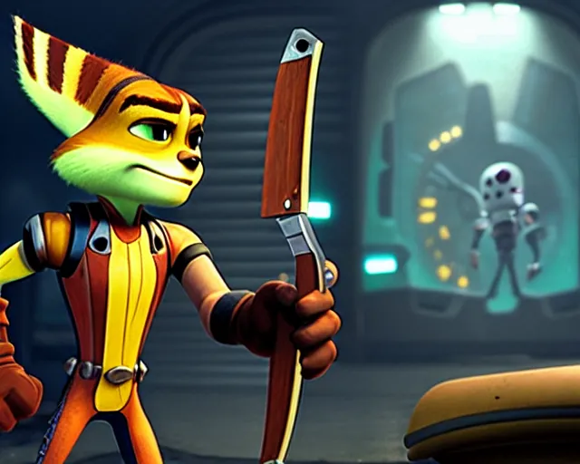 Prompt: film still of ratchet and clank with a hatchet in the new horror movie