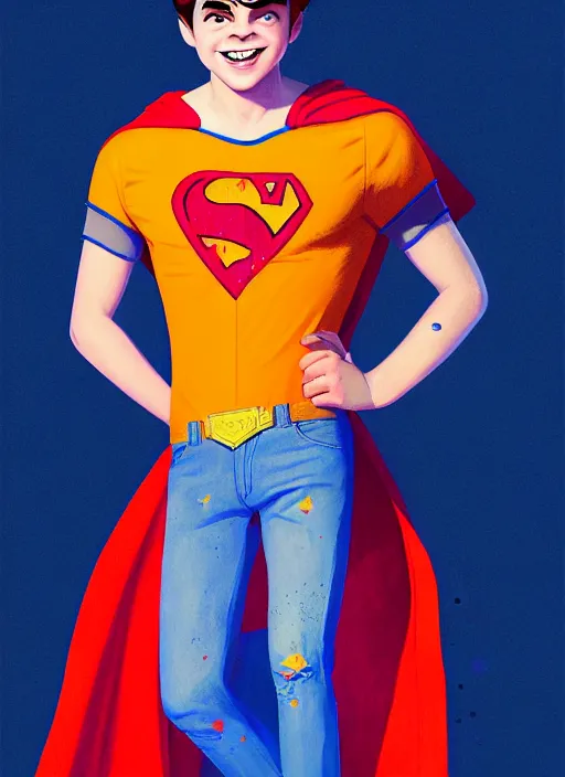 Image similar to friendly teenage archie andrews wearing an orange superhero costume with heart logo, heart, freckles, blue cape, heart emblem on chest, blue cape, intricate, elegant, glowing lights, highly detailed, digital painting, artstation, sharp focus, illustration, art by wlop, mars ravelo and greg rutkowski