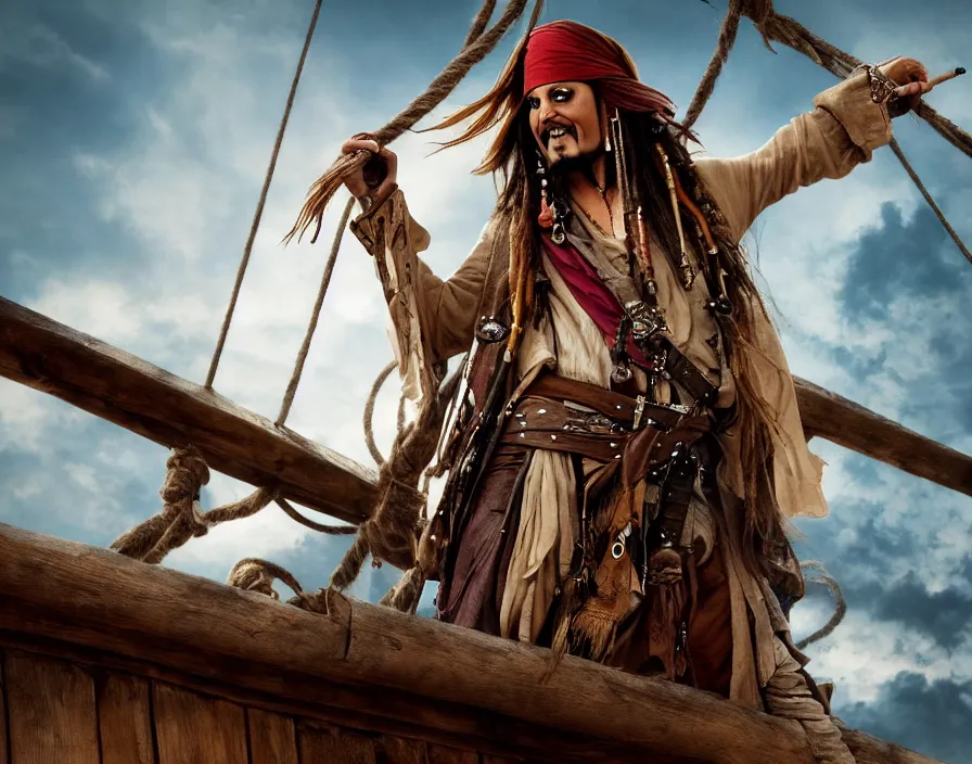 Image similar to happy captain jack sparrow on pirate ship, beautiful texture, beautiful graphics, fantasy artwork, very beautiful scenery, hd, hdr, ue 5, ue 6, unreal engine 5, cinematic 4 k wallpaper, 8 k, ultra detailed, by popular digital, details, beautiful image ever created, high resolution, artstation, award winning