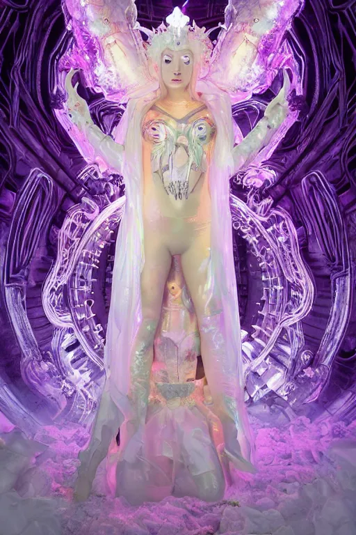 Prompt: full-body rococo and cyberpunk delicate neon crystalline sculpture of ((beautiful albino Latina goddess)) as an iridescent humanoid deity wearing ((peach plastic hooded cloak)) (holding a human skull) in a white castle dungeon, reclining, glowing pink face, crown of (pink lasers), large blue diamonds, swirling black silk fabric. futuristic elements. oozing glowing liquid, full-length view. space robots. intricate artwork by caravaggio. Trending on artstation, octane render, cinematic lighting from the right, hyper realism, octane render, 8k, depth of field, 3D