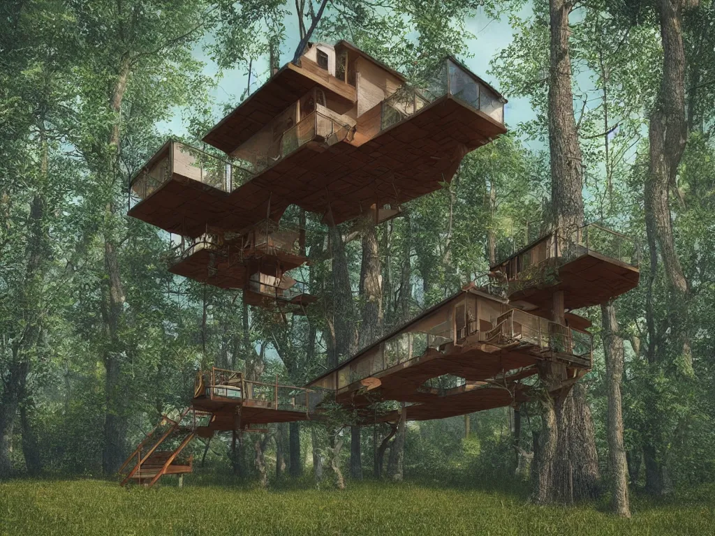 Prompt: “A mid-century stahl tree house by Pierre Koenig, trending on artstation, octane render, cgsociety, digital art”