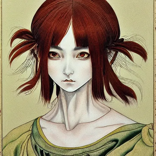 Image similar to prompt: Portrait painted in renaissance style drawn by Katsuhiro Otomo and Takato Yamamoto, inspired by Fables, china doll face, smooth face feature, intricate oil painting, high detail, sharp high detail, manga and anime 2000