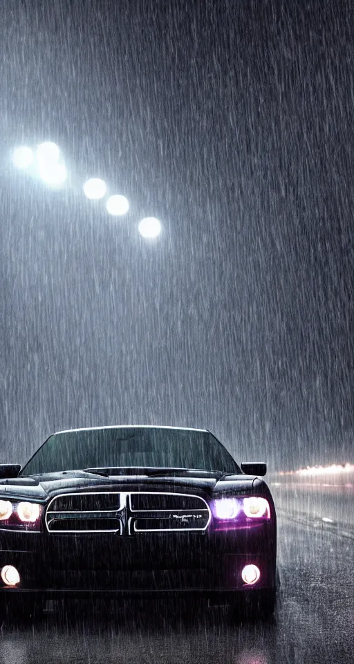 Image similar to far away photograph of the back lights of a 2 0 1 1 dodge charger driving down a highway in the rain, dark, gothic, lovecraftian, hyperrealistic, 4 k, highly detailed,