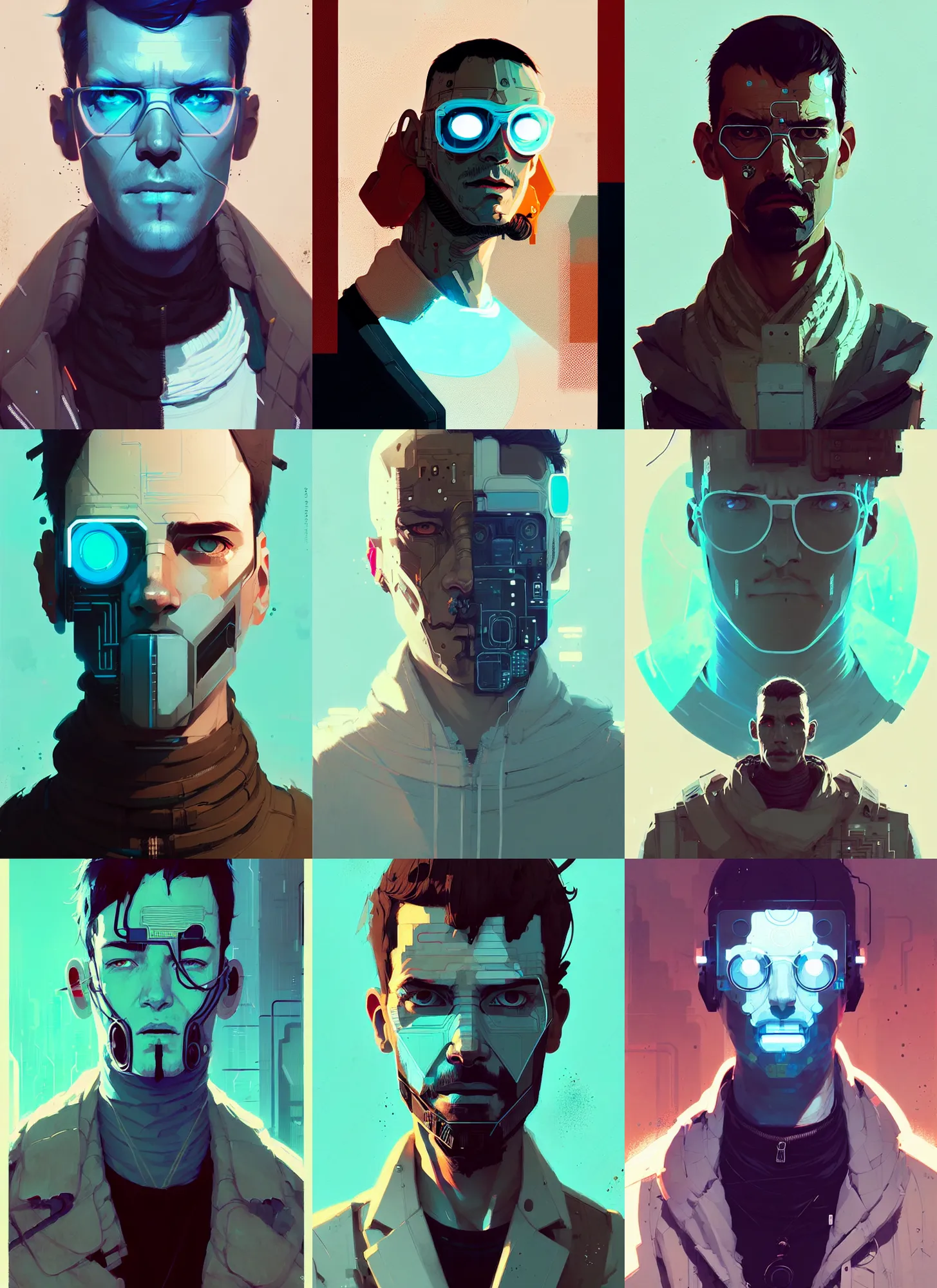 Prompt: highly detailed portrait man cyberpunk, by atey ghailan, by greg rutkowski, by greg tocchini, by james gilleard, by joe fenton, by kaethe butcher, gradient light blue, brown, blonde cream and white color scheme, grunge aesthetic