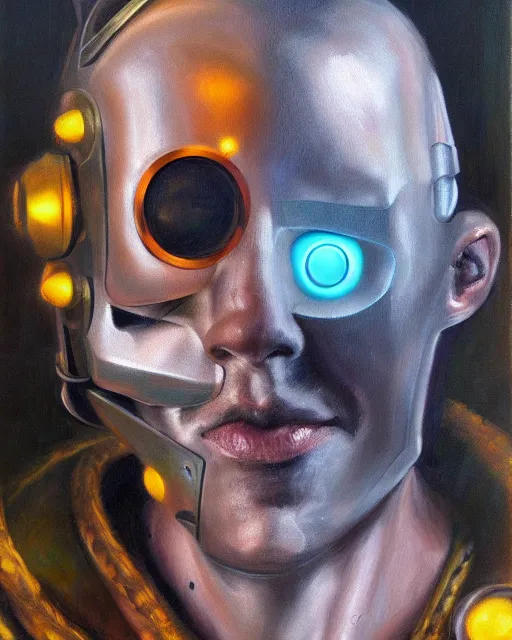 Image similar to sweet interesting portrait of a dreaming cyborg man, oil painting. HD