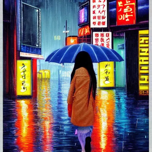 Image similar to a woman holding an umbrella, walking down the streets of tokyo, with neon signs, while it's raining. extremely detailed, oil on canvas. award winning