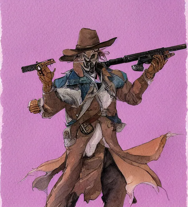 Image similar to a 3 / 4 view watercolor ink painting of an anthropomorphic bunny gunslinger posing with their revolver - rifle in the style of jean giraud in the style of moebius trending on artstation deviantart pinterest detailed realistic hd 8 k high resolution