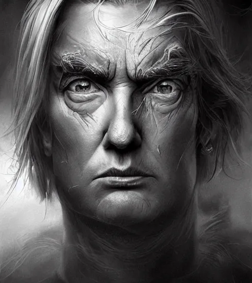 Prompt: trump, beautiful piercing eyes, realistic face, black and white drawing, in the style of greg rutkowski, fantasy, amazing detail, epic, intricate, elegant, smooth, sharp focus