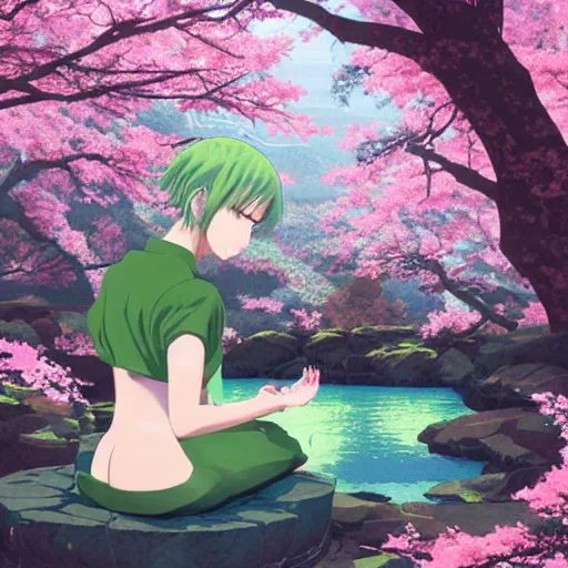 Image similar to anime key visual of a woman with short green hair meditating near a japanese spring by ilya kuvshinov