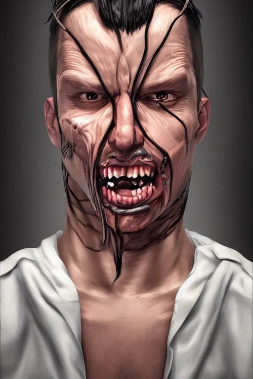 Image similar to digital portrait of a psychotic man in a straitjacket rafa sandoval and shawn coss, hyperrealistic, centered, deviantart, artgerm