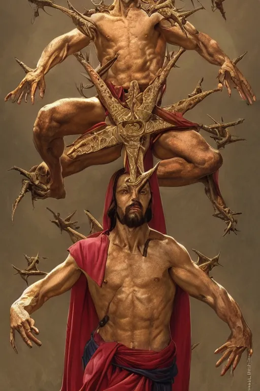 Prompt: fullbody!! dynamic action pose, jesus christ portrayed as a lizard reptile man, holy cross, crown of thorns, christianity, religious, intricate, elegant, highly detailed, digital painting, artstation, concept art, smooth, sharp focus, illustration, art by artgerm and greg rutkowski and alphonse mucha