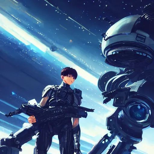 Image similar to photorealistic, bokeh, beautiful detail, stars in the sky, cybernetic, sci-fi space game art, jeon Jungkook holding a gun. alien planet art by Akihito Yoshitomi AND Yoji Shinkawa AND Greg Rutkowski, Mark Arian trending on artstation