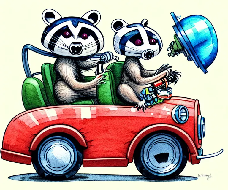 Image similar to cute and funny, racoon wearing a helmet riding in a tiny hot rod with oversized engine, ratfink style by ed roth, centered award winning watercolor pen illustration, isometric illustration by chihiro iwasaki, edited by range murata, symmetrically isometrically centered