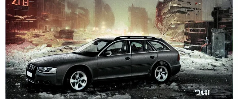 Prompt: Audi A4 B6 Avant (2002), a gritty neo-noir, dramatic lighting, cinematic, eerie person, death, homicide, homicide in the snow, viscera splattered, gunshots, establishing shot, extremely high detail, photorealistic, arson, burning city, cinematic lighting, artstation, by simon stalenhag, Max Payne (PC) (2001) winter New York at night, In the style of Max Payne 1 graphic novel, flashing lights, Poets of the Fall - Late Goodbye