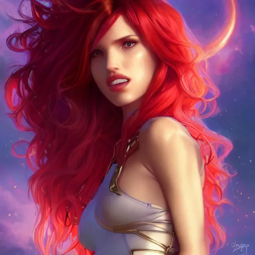 Image similar to ultra realistic illustration, bella thorne as starfire anime, intricate, elegant, highly detailed, digital painting, artstation, concept art, smooth, sharp focus, illustration, art by artgerm and greg rutkowski and alphonse mucha and wlop