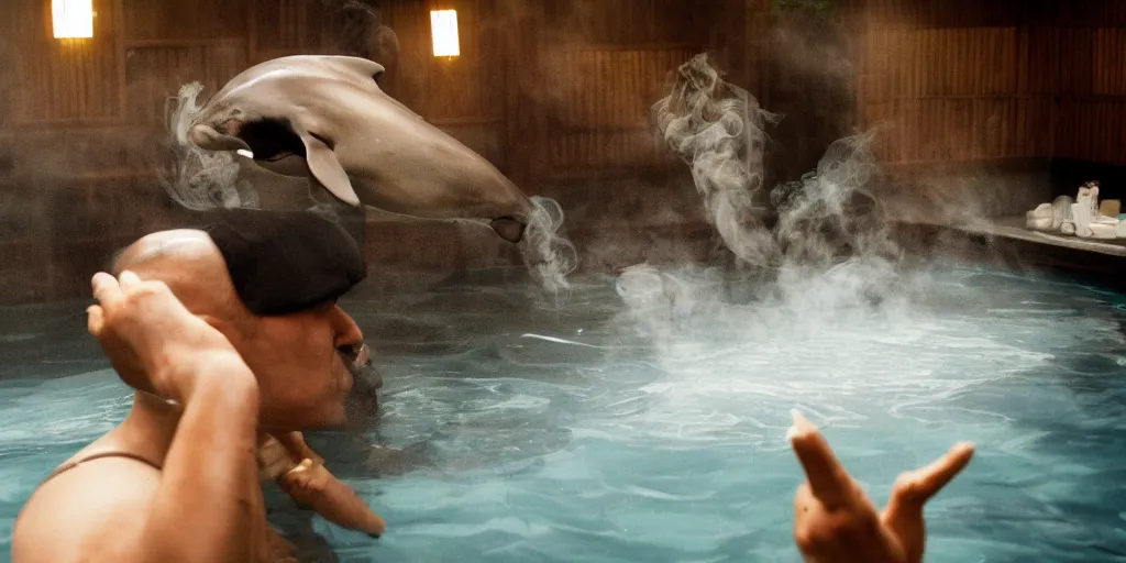 Prompt: an award winning photo of a respected Yakuza dolphin, in a steaming onsen, smoking a cigar and blowing smoke rings