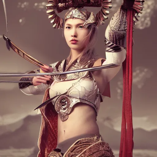 Image similar to full body portrait fashion editorial of beauty charming woman as a warrior godly princess in feudal japan, clear makeup, clean hair, dry skin, clear skin, airbrushed, bright eye makeup, femine warrior body, photo by mario testino, 8k octane render, cinematic, hyper detailed, micro details, insanely detailed, trending on artstation, concept art, Peter Paul Rubens and Peter Mohrbacher style