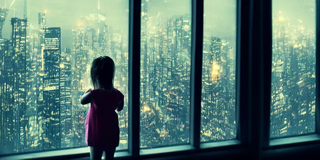 Image similar to overlooking on night city cyberpunk from floor to ceiling window, one little girl, beautiful hair at the back, looking out the window, liminal, cinematic, dreamscape