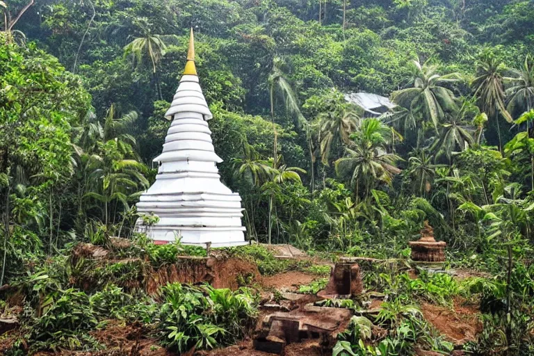 Image similar to sri lankan white stupa hidden in the jungle village, drawn by hayao miyazaki