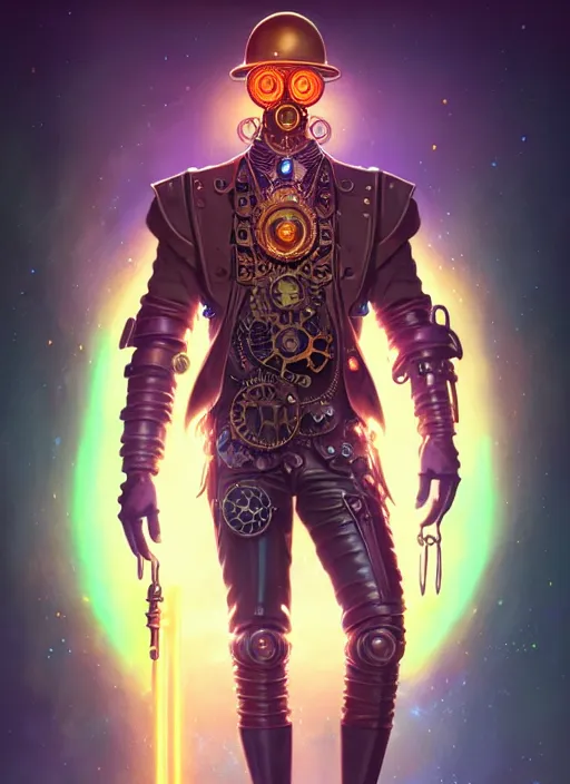 Image similar to a male steampunk faceless glowing liquefied stardust adventurer, dnd fantasy character, full body portrait, glowing neon skin, magical aura, ultra realistic, intricate, elegant, highly detailed, digital painting, artstation, smooth, sharp, focus, illustration, art by artgerm and greg rutkowski and alphonse mucha and dan mumford, sacred geometry