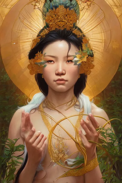 Prompt: asian goddess of nature, accurate anatomy, only two hands, highly detailed, digital painting, artstation, concept art, smooth, sharp focus, illustration, Unreal Engine 5, 8K, art by Ross Tran and greg rutkowski and alphonse Mucha