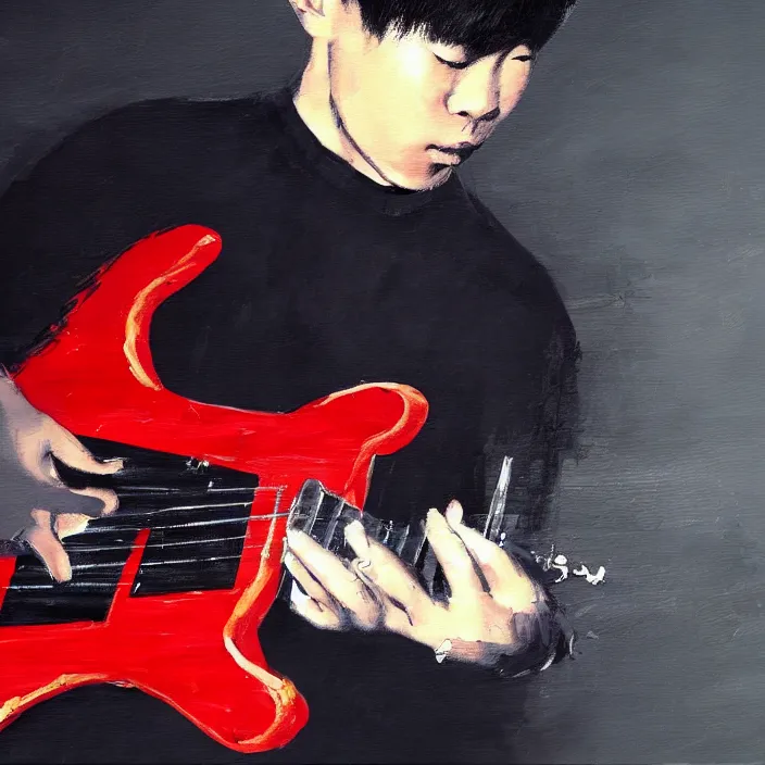 Image similar to large brush abstract! painting candid view of a young korean male musician wearing stylish black v neck t shirt holding a telecaster!!! electric guitar!!, thick flowing dramatic brush strokes, dark matte colors, abstract, impressionist, motion, trending on artstation