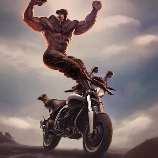 Prompt: muscular man riding jumping motorcycle through the air from demons, digital painting, muted colors, illustration, artgerm, artstation