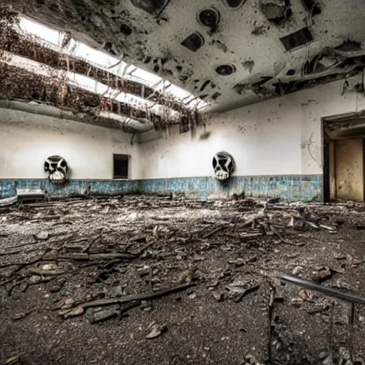 Image similar to the inside of an abandoned hospital, skeleton heads on the floor of the ruined hospital, realistic lighting