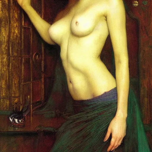 Image similar to masterpiece full body portrait of a beautiful woman with a perfect body wearing silk slip in a dungeon setting, by Edgar Maxence and Ross Tran and Michael Whelan and Gustav Klimpt