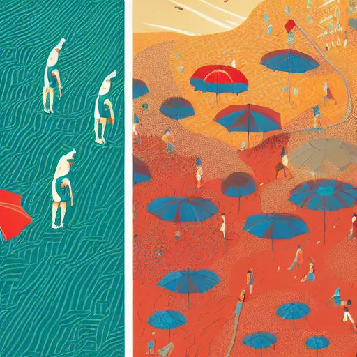 Prompt: illustration of umbrella beach with nice design by victo ngai, illustration by malika favre