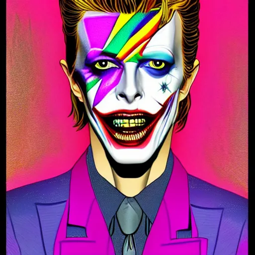 Image similar to an extremely psychedelic portrait of david bowie as the joker, surreal, lsd, face, detailed, intricate, elegant, lithe, highly detailed, digital oth, sharp focus, illustration,