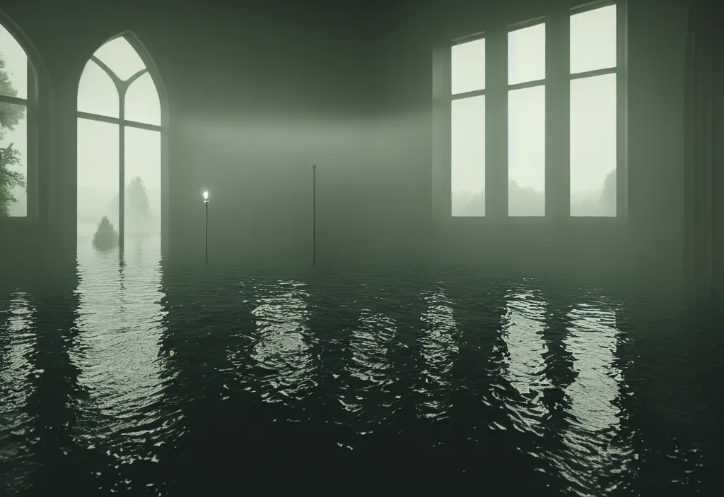 Prompt: kodak portra 4 0 0 photographic and realistic, interior cathedral, detailed, octane render, unreal engine, 8 k, artstation, hyper realistic, wide angle, floor flooded how a lake, hole objects that float, 3 5 mm, sharp focus, soft light, epic volumetric light fog, in the style of gregory crewdson